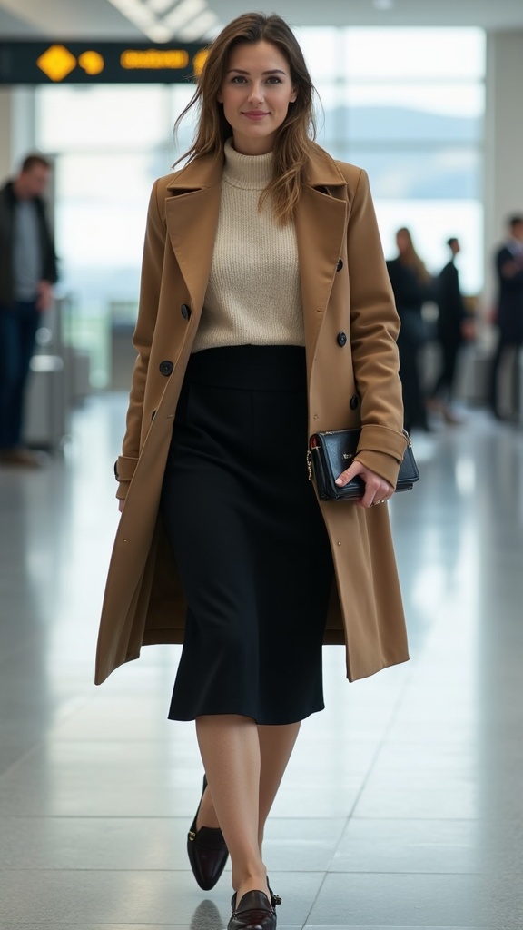 A woman walking through the airport gate area in a jersey midi skirt