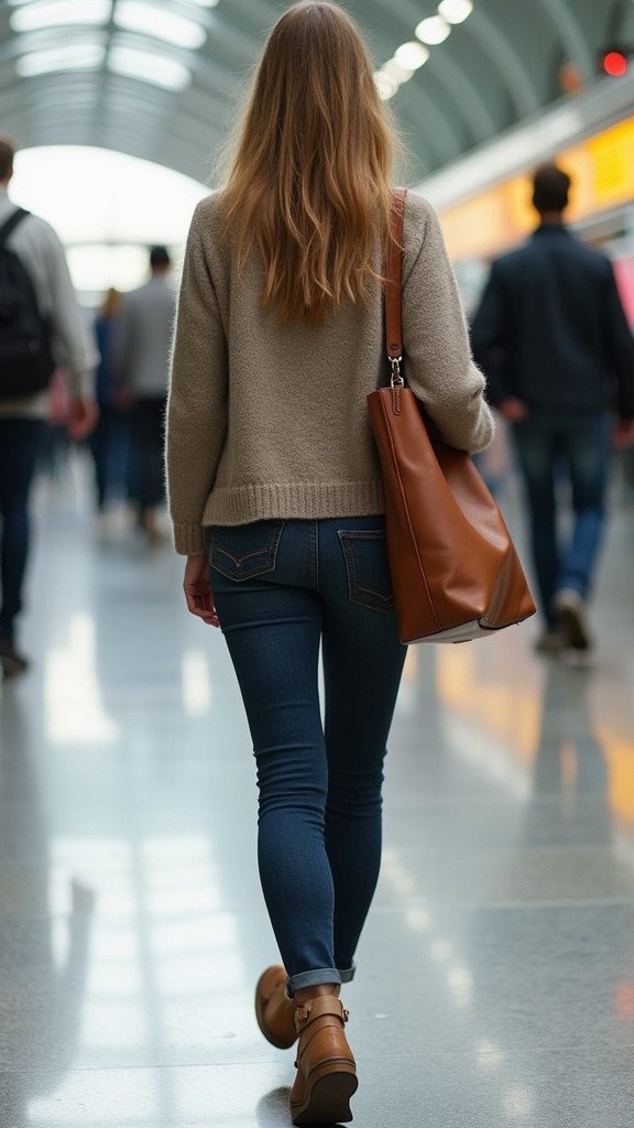A woman walking through the terminal in dark jeans, a cozy cashmere sweater