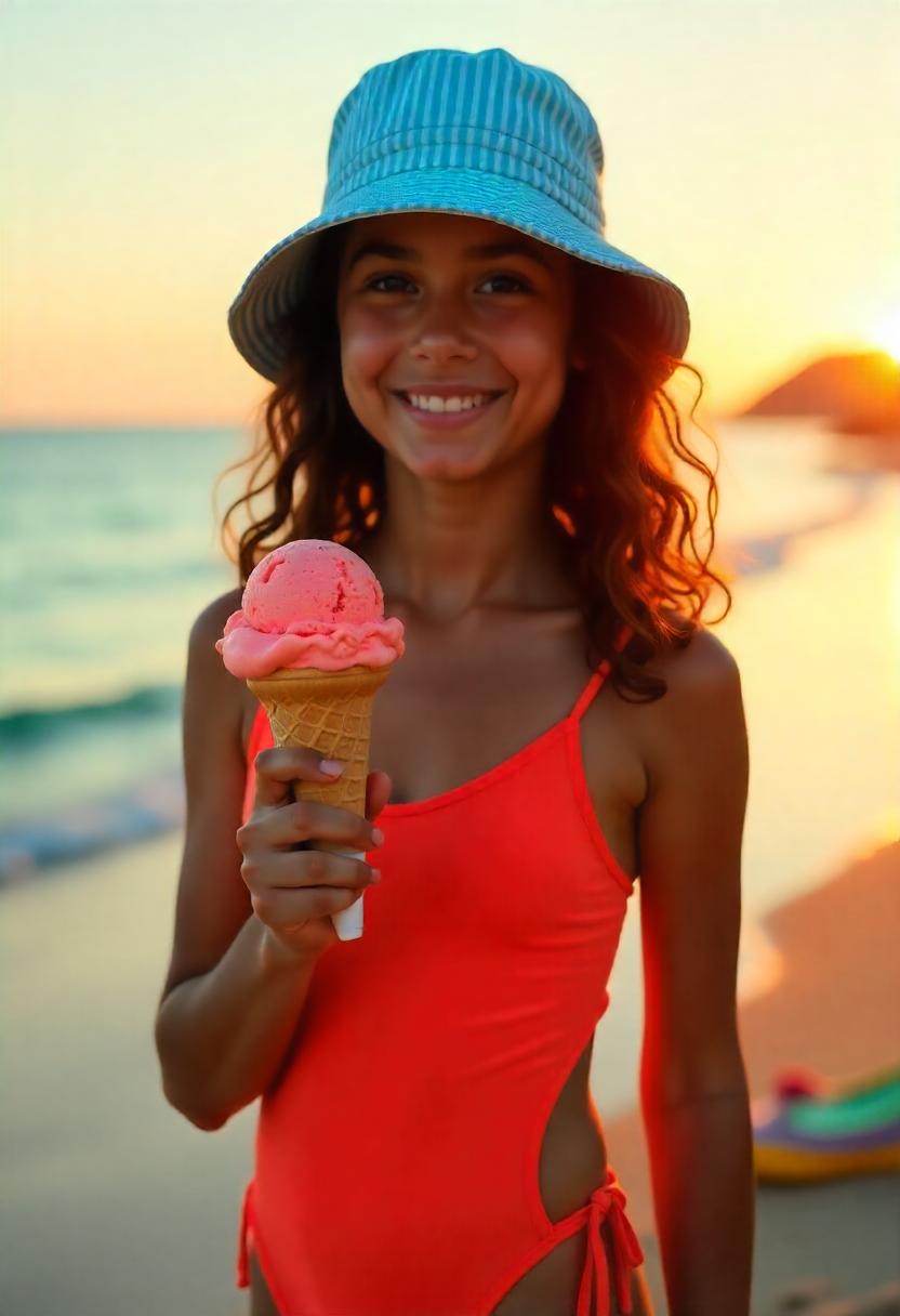 A young 18 year old girl wearing a blue striped bucket hat