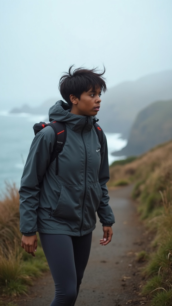 A person in fleece-lined leggings and a waterproof jacket, exploring a misty coastal trail