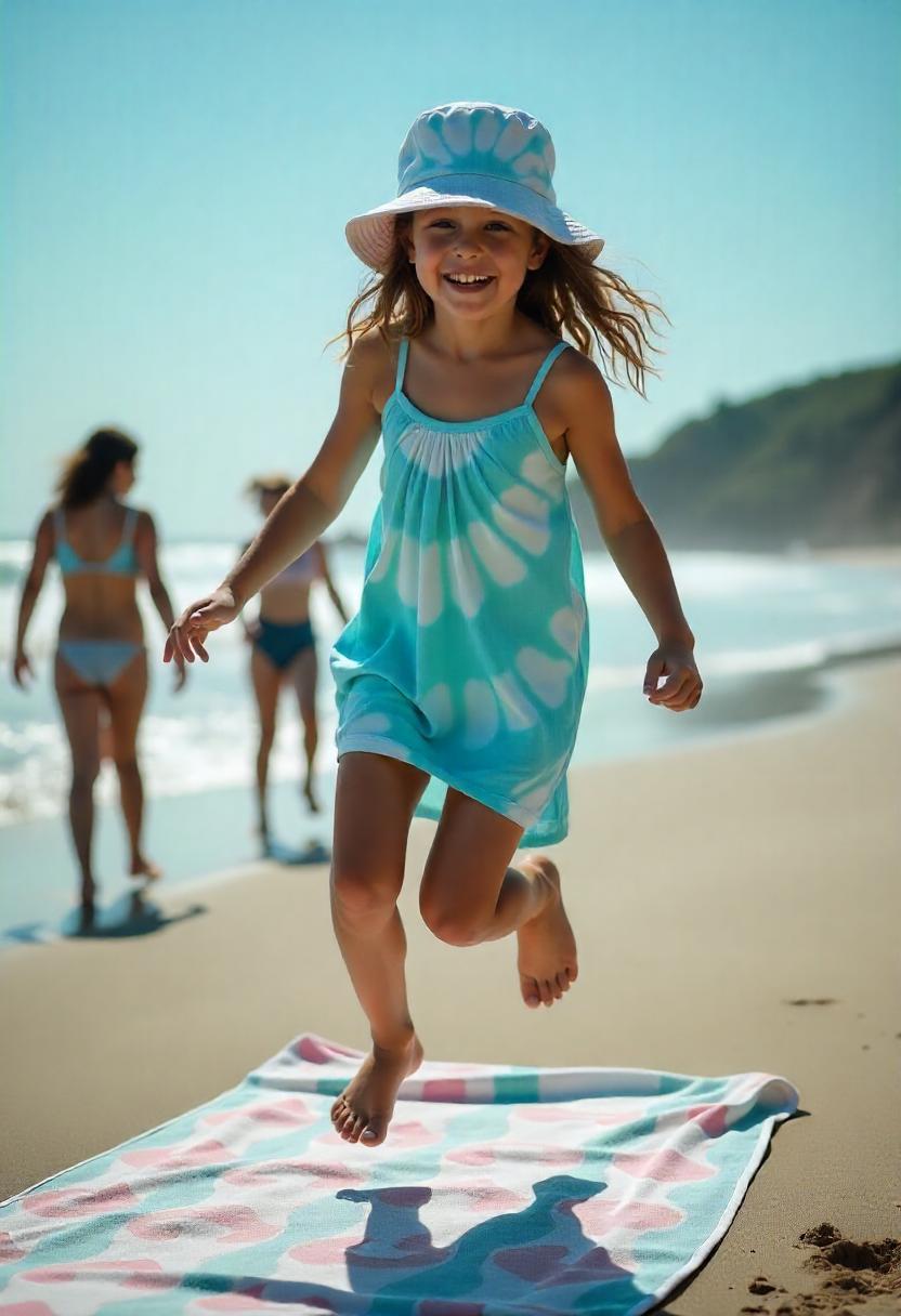 A young girl in a tie-dye bucket hat, cover-up dress