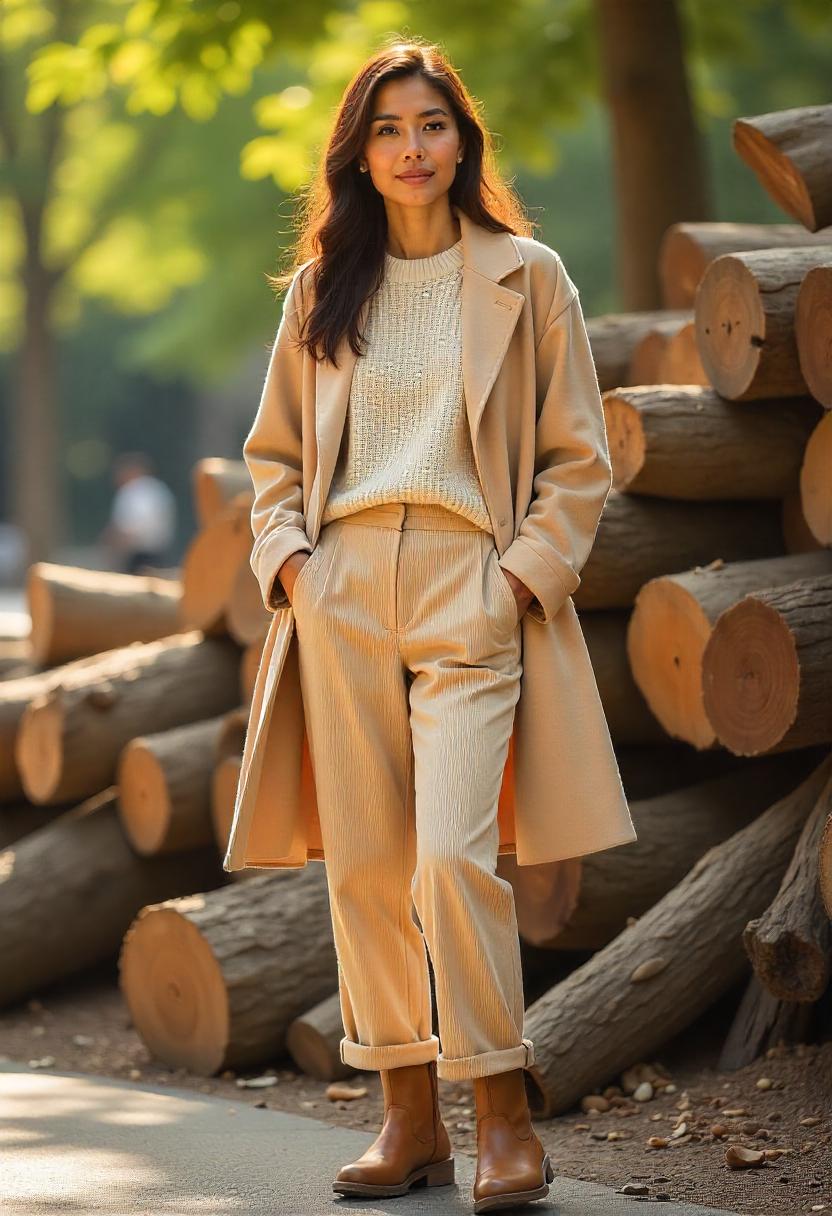 An Asian woman in cream corduroy trousers, light knit crewneck sweater