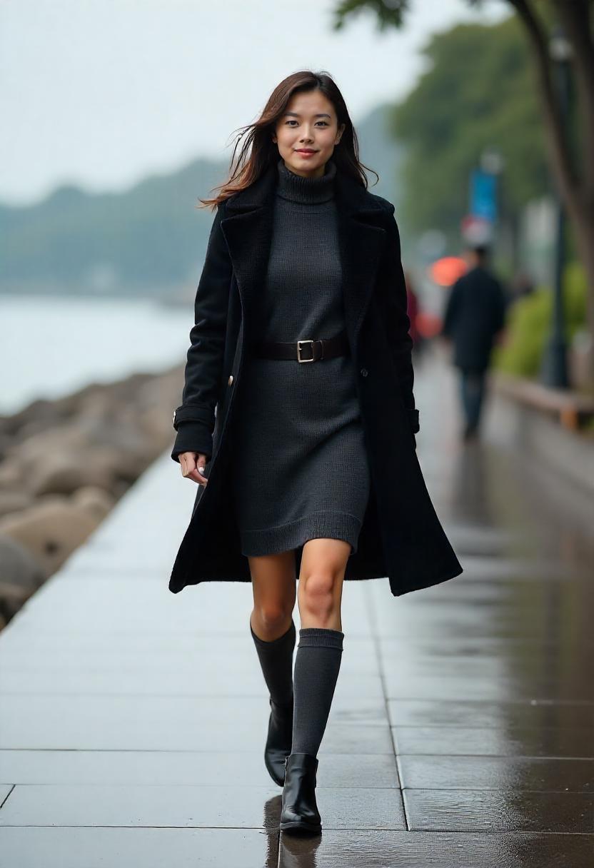An East Asian woman in a cozy turtleneck sweater dress, belted fleece coat