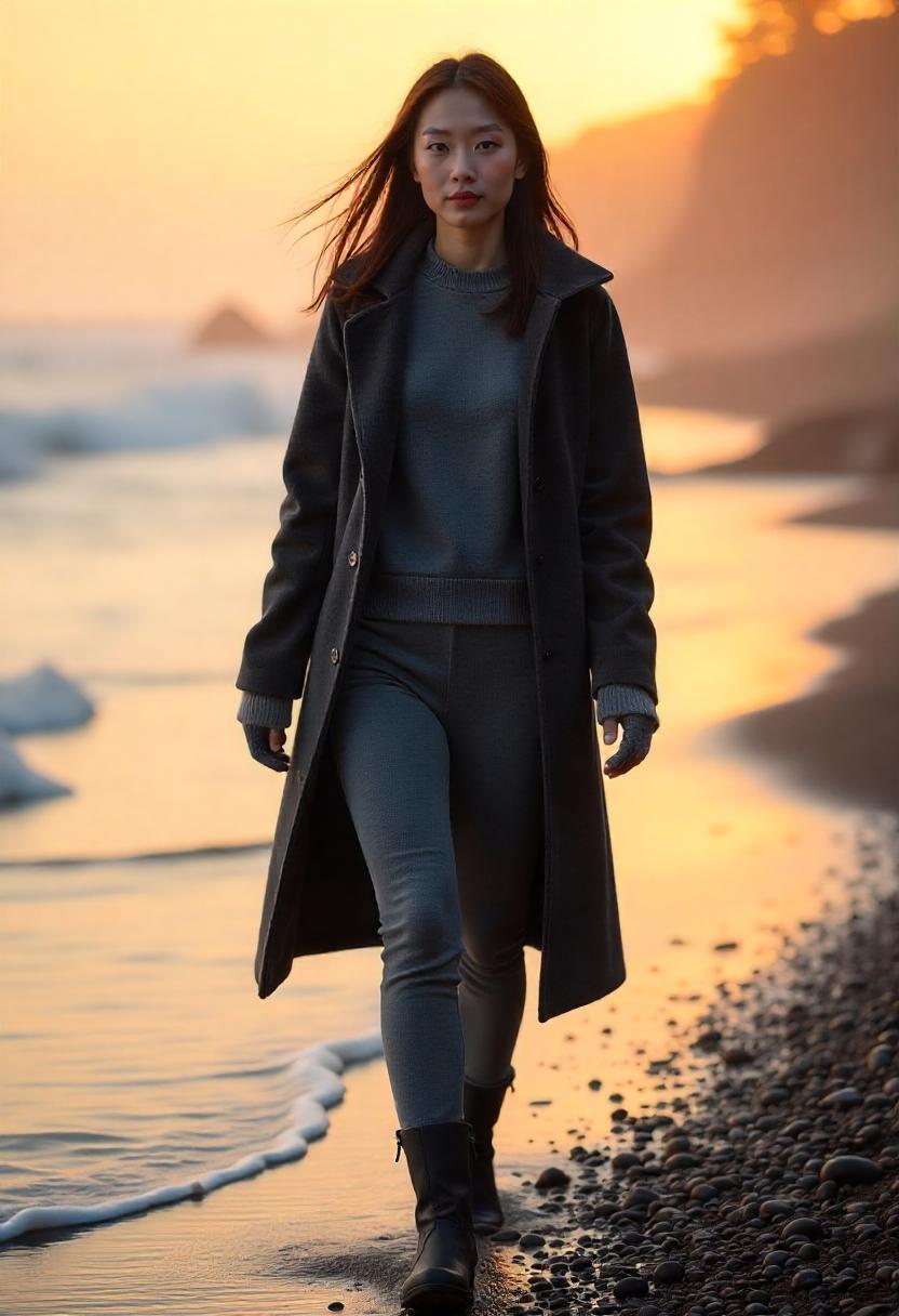 An East Asian woman in a long fleece-lined coat layered over a matching knit set