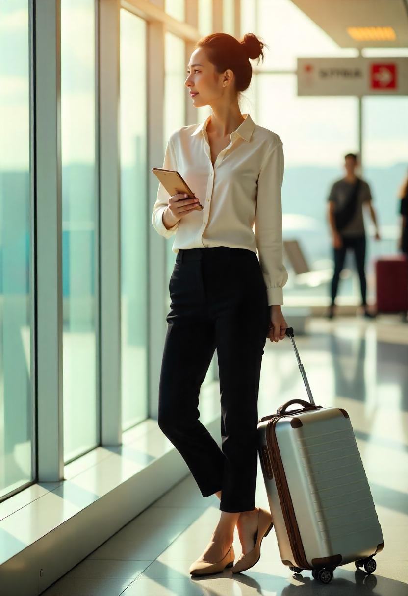 An East Asian woman in her 30s leaning against an airport window