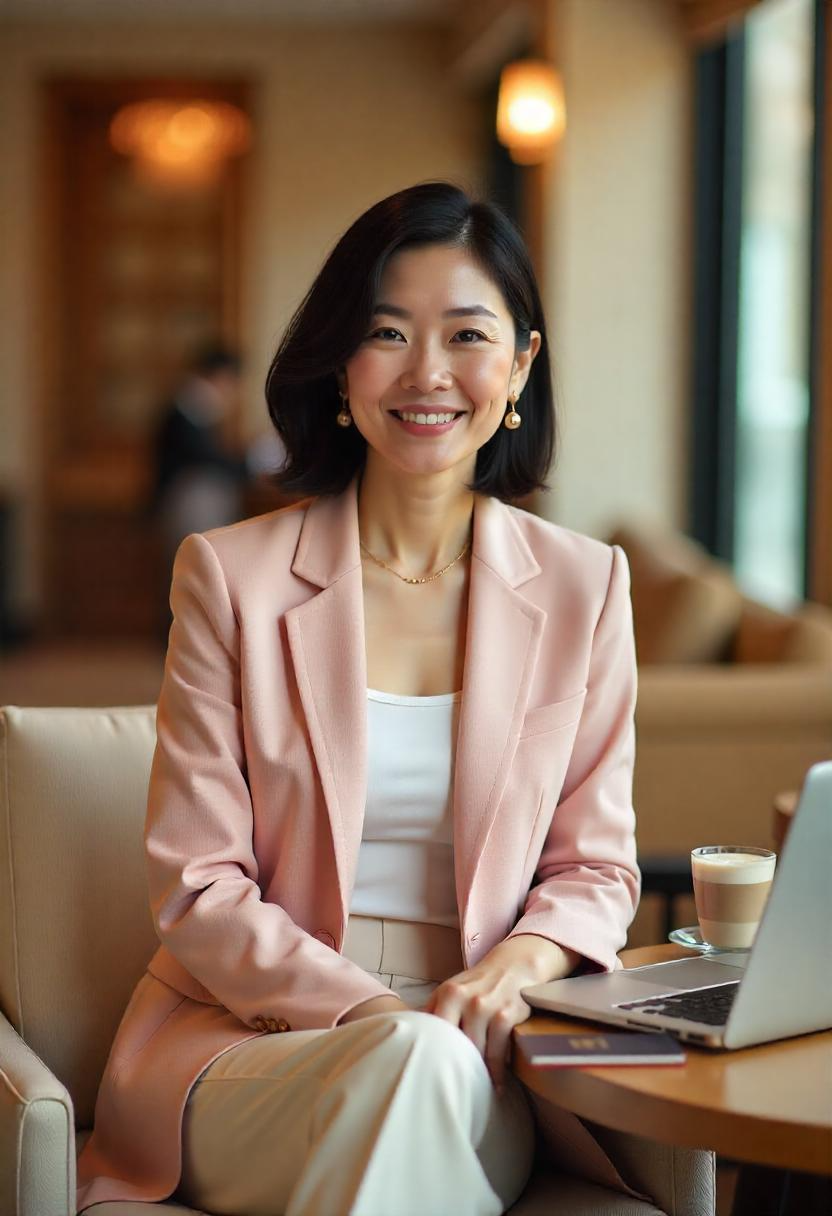 An East Asian woman in her 50s at a lounge work desk with a latte