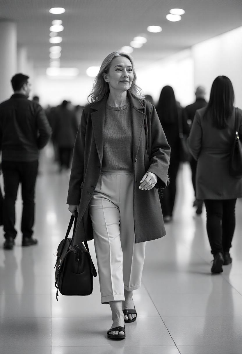 An East Asian woman in her 50s walking calmly through the terminal in a tailored tunic top