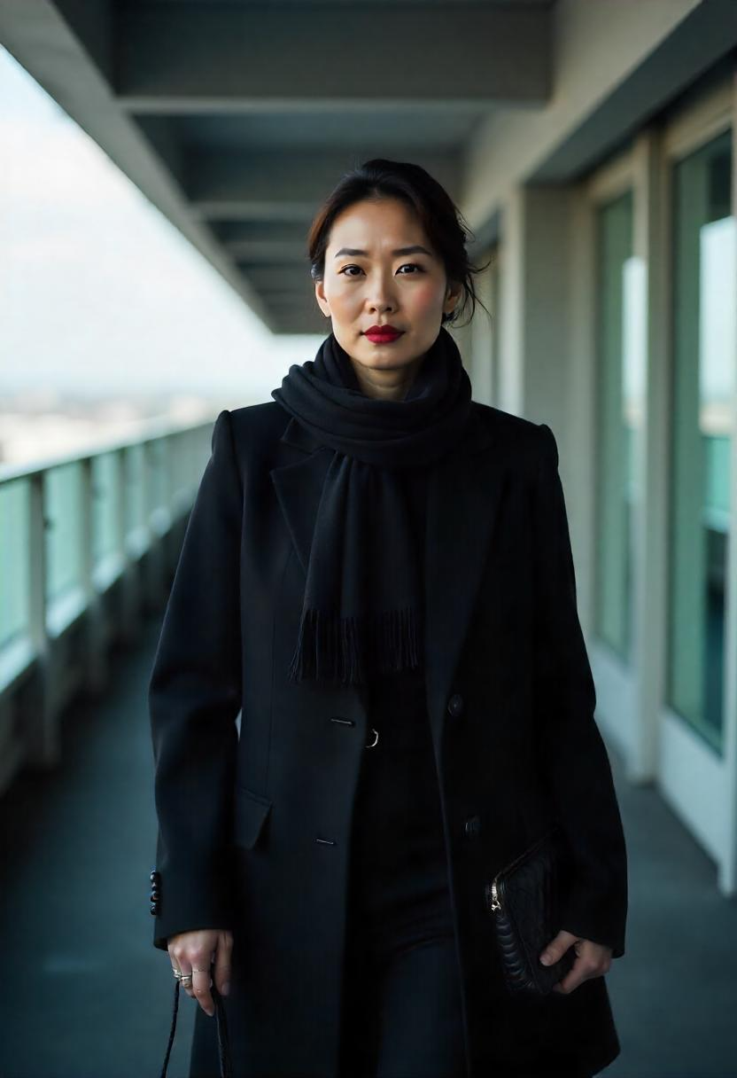 An East Asian woman in her late 40s walking through the jet bridge in a chic monochrome black outfit