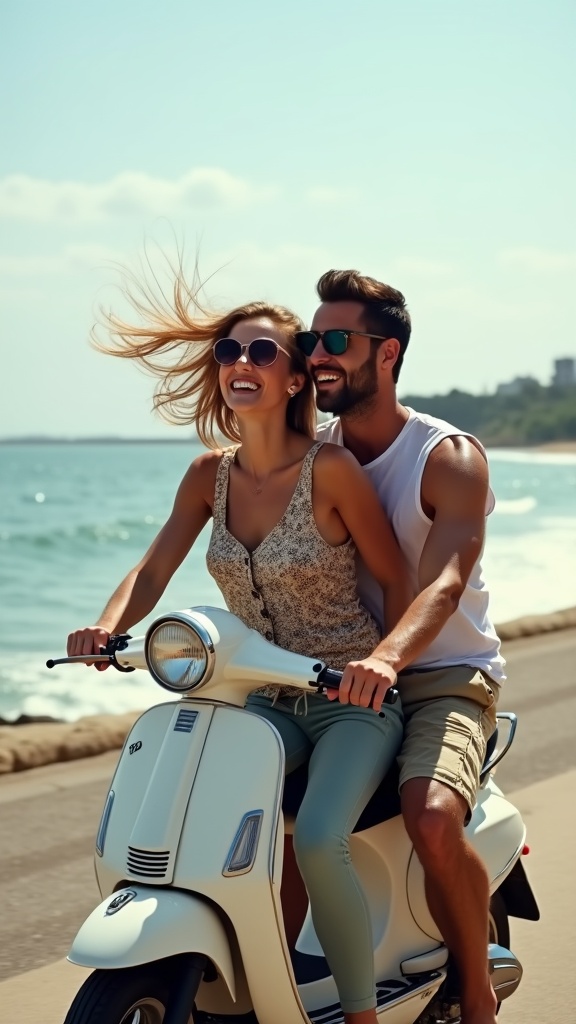An adventurous duo a couple side by side on a rented scooter near the shore