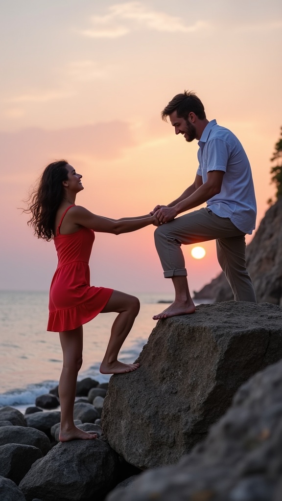 An adventurous duo partners climbing rocks by the shoreline, she in a bright sundress
