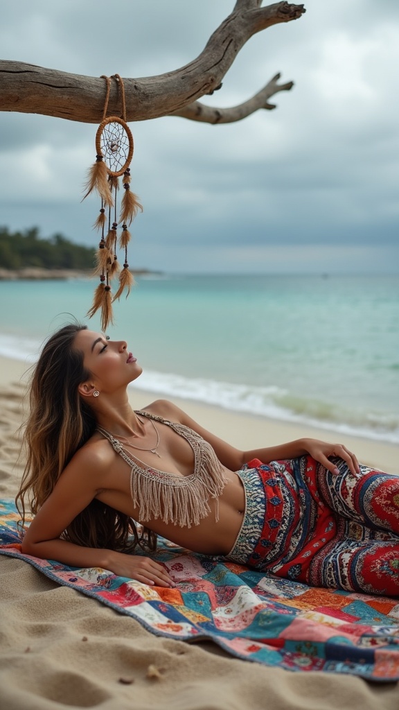 An artistic shot a woman in a beaded fringe halter top and a maxi skirt covered in tribal prints