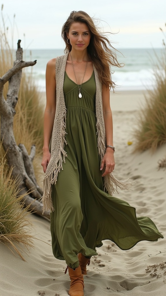 An autumnal beach scene a woman in a moss-green maxi dress with a fringe crochet vest