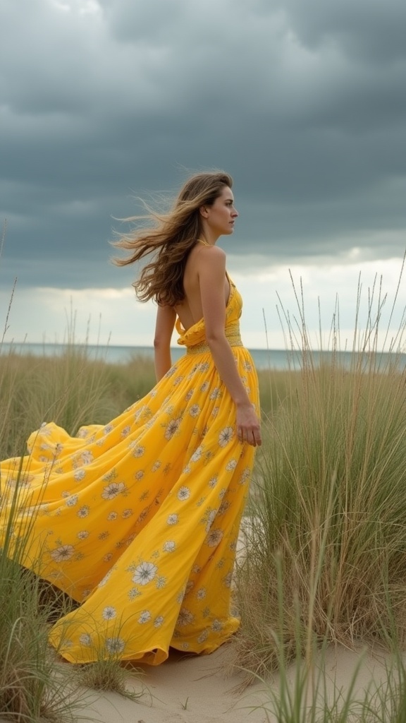 An editorial-style photograph, a model in a yellow floral maxi dress standing among tall grasses on the dunes, wind catching her dress into a dramatic billow, with storm clouds on the horizon creating contrast.