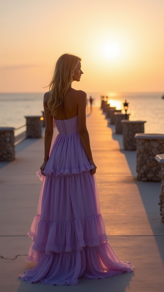 An elegant resort-party look a figure in a strapless lilac gown with layered chiffon skirt, standing on the pier with tiki torches along the rail, the setting sun casting long shadows and painting the scene in warm hues