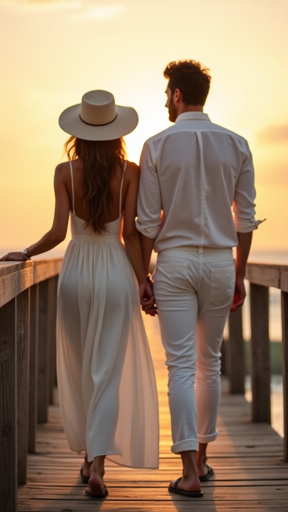 An elegant sunset promenade a couple leaning on a wooden pier rail,