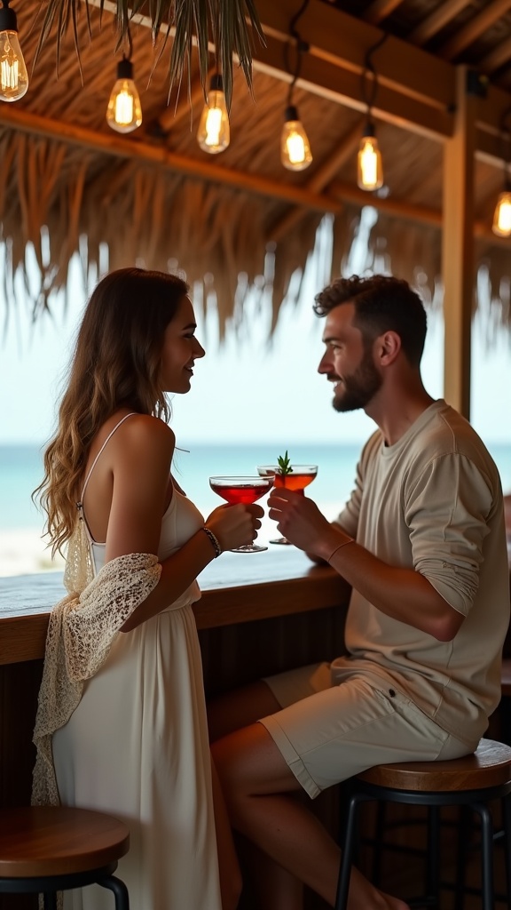 An intimate bohemian picnic a couple on a layered rug by a driftwood table, the woman wearing a cream tunic dress with embroidered hem and the man in a lightweight linen shirt, soft lantern light flickering as they share a meal