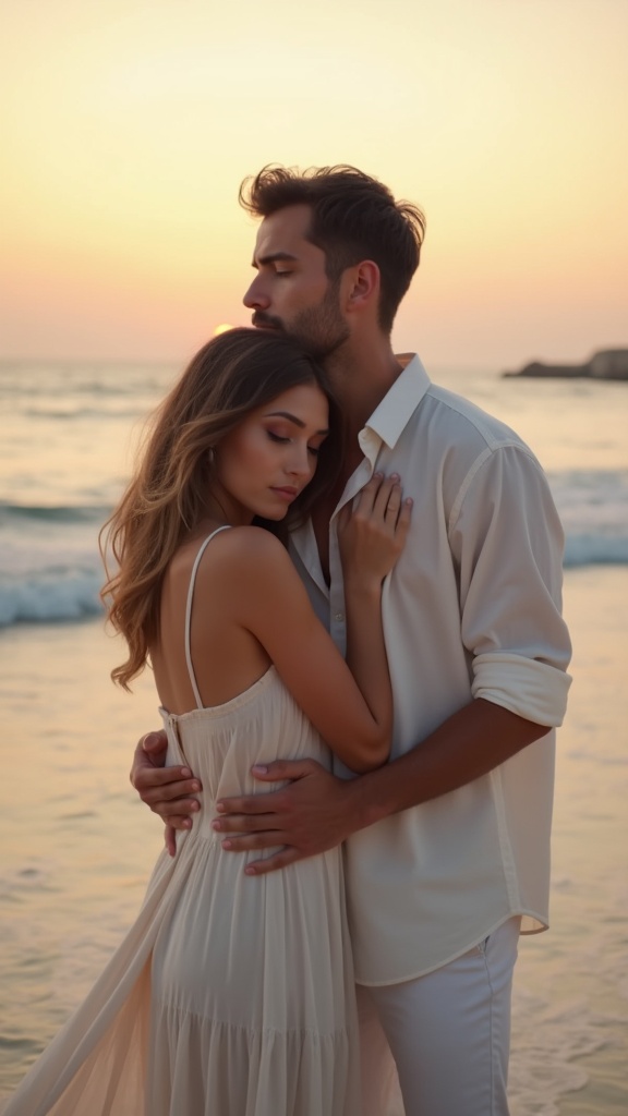 An intimate studio-style shot on the beach a couple draped in light linens, the woman leaning into the man’s chest