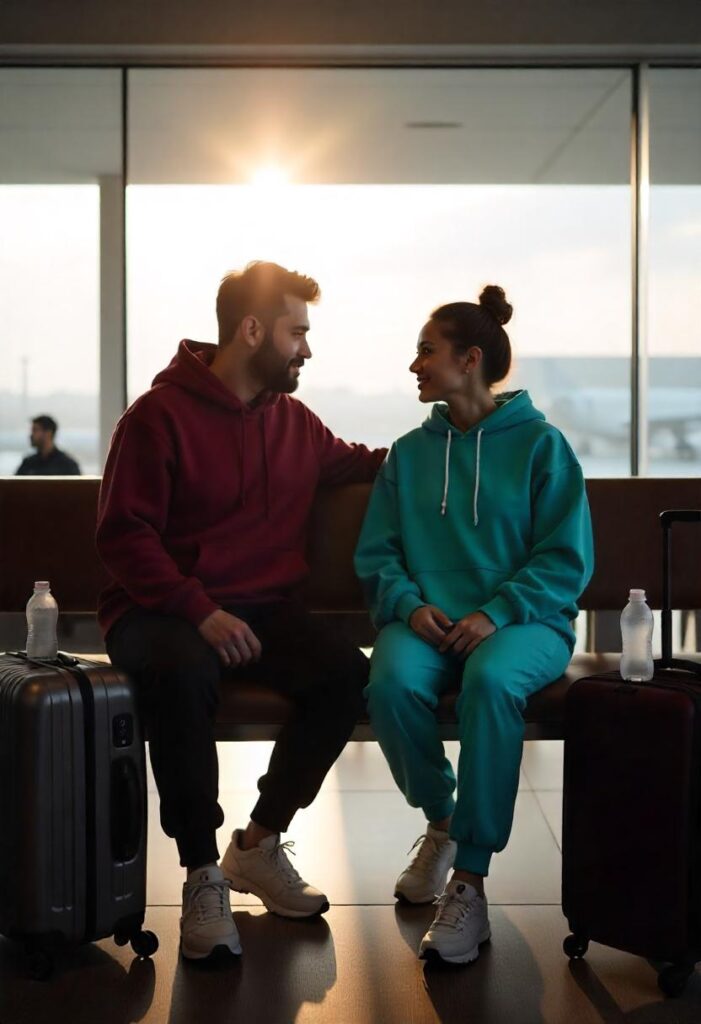 Asian couple lounging together in oversized hoodies and joggers in a quiet airport corner
