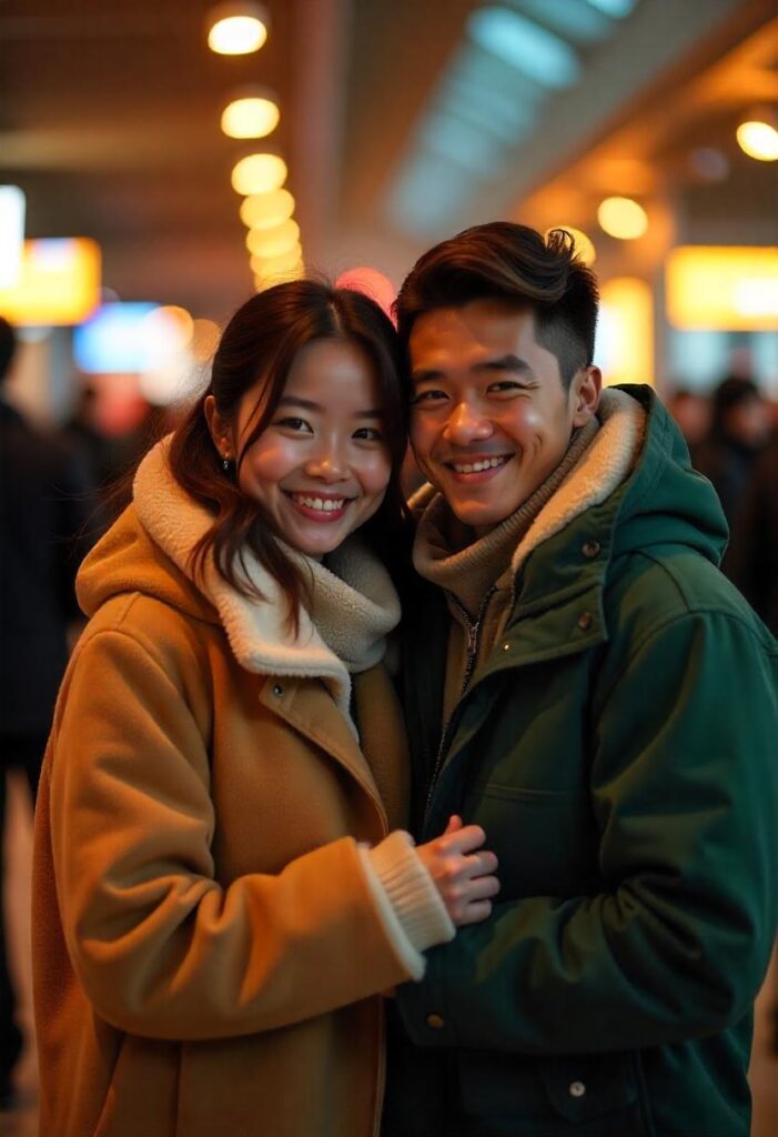 Asian couple sharing a blanket while seated in the lounge