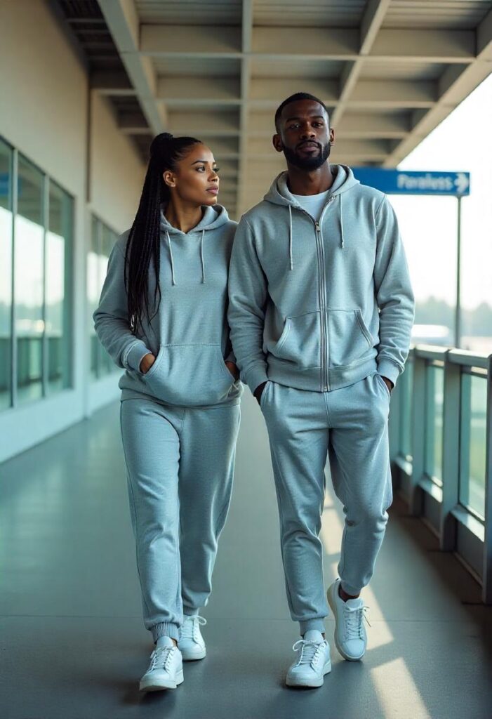 Black couple stretching near the gate before boarding, both in matching cozy sweatsuits