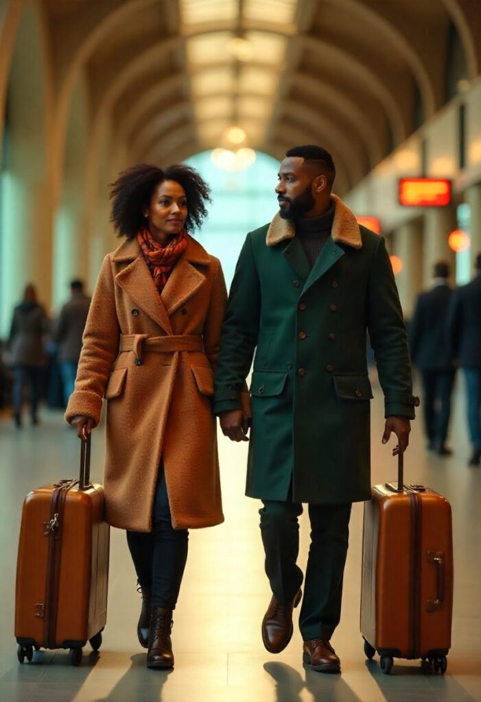 Black couple walking side by side through the terminal—she in a teddy coat and plaid scarf
