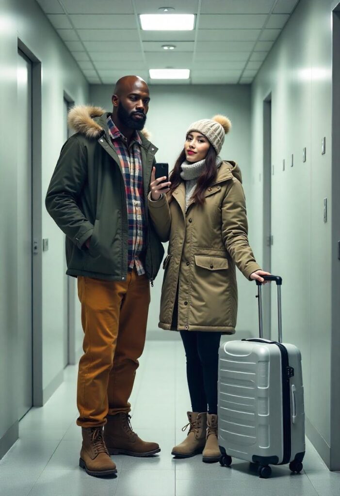 Black man and Asian woman taking a mirror selfie in the airport restroom