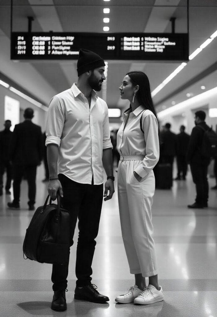 Interracial couple (Latina and white man) in minimalist monochrome travel fits