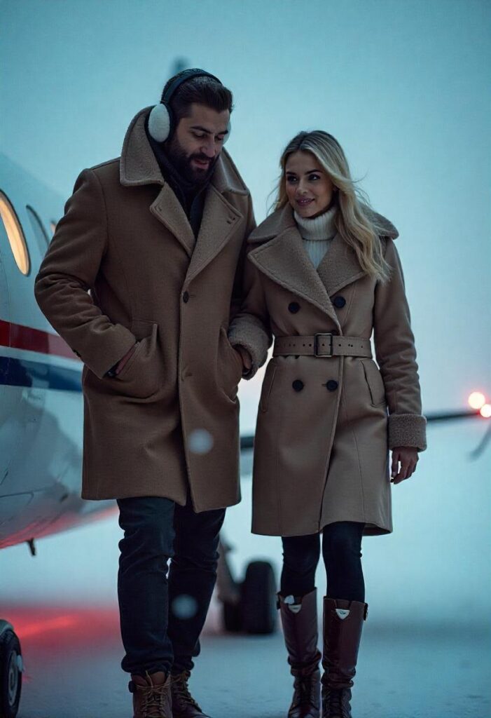 Interracial couple in thick wool coats boarding the plane