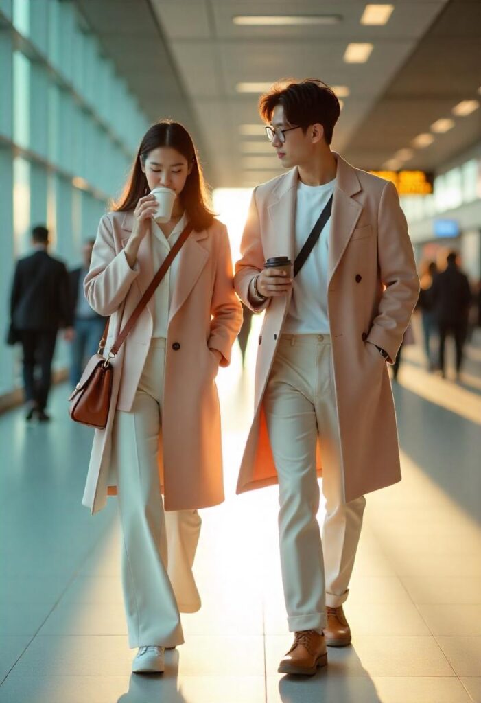 Korean couple walking confidently through the terminal in neutral-tone matching outfits