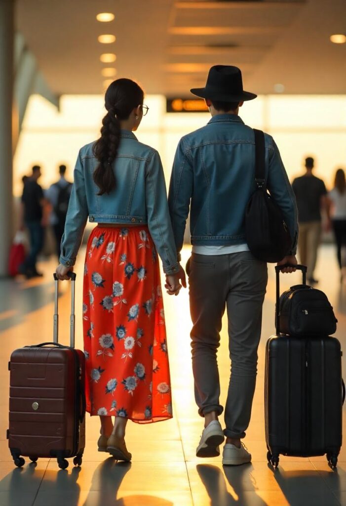 Latina woman in a floral maxi skirt and denim jacket with her Asian husband in travel joggers