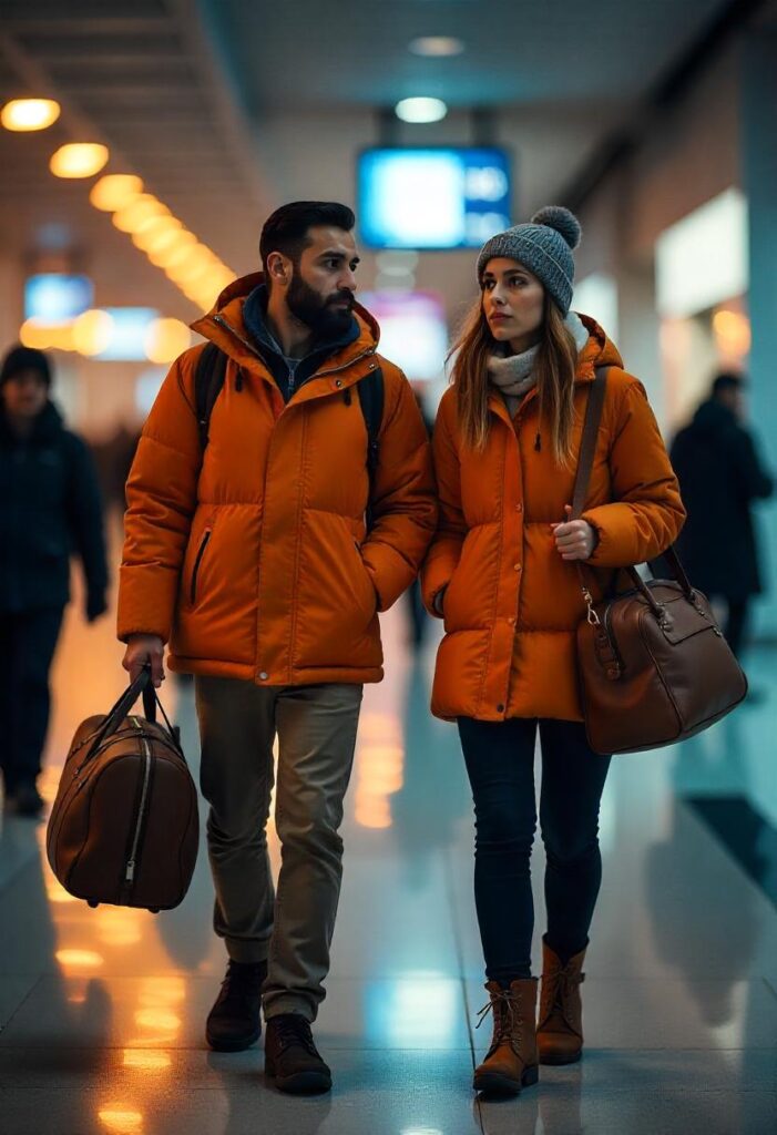 Middle Eastern couple walking through airport security, both dressed in soft knit layers with duffel bags