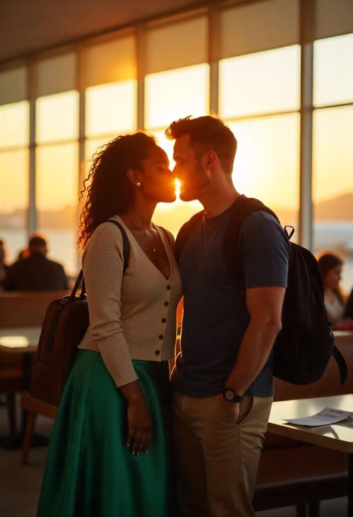 Mixed-race couple cuddling in an airport café—she in a cropped cardigan and silk midi skirt