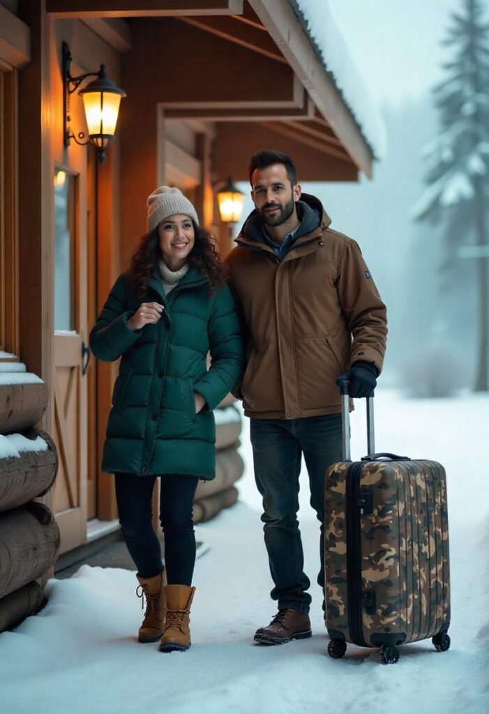 South Asian couple standing at check-in wearing puffer jackets and snow boots