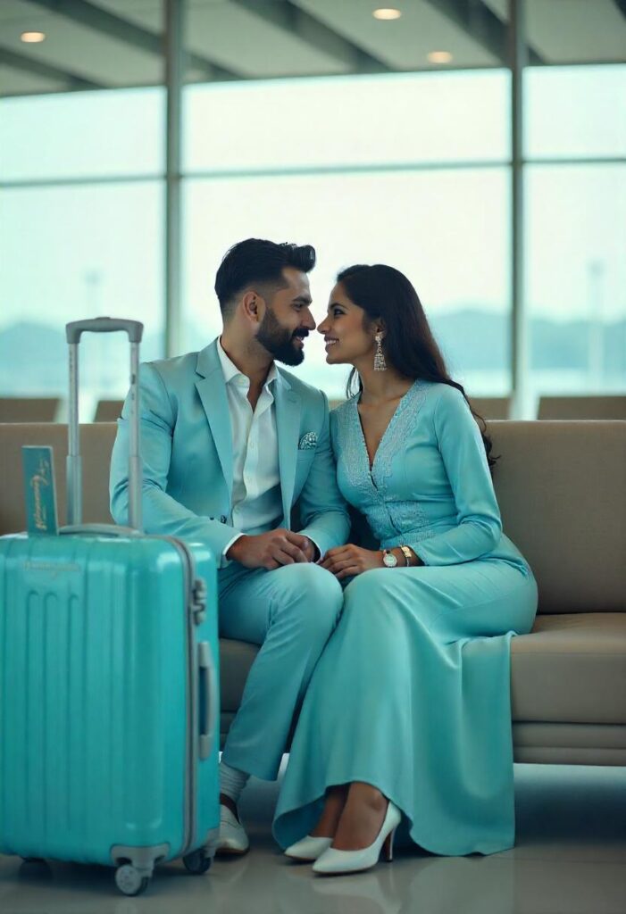 South Asian newlyweds in coordinated pastel outfits