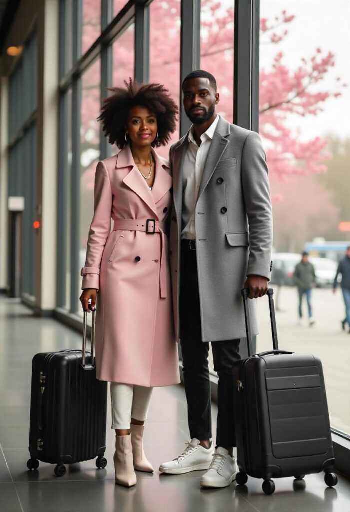 Stylish Black couple posing near airport windows—she in a belted trench coat and boots