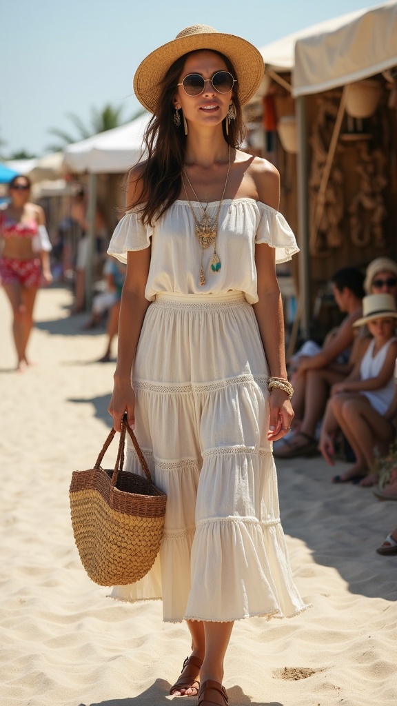 a woman with a straw basket bag in hand, wearing a lightweight off-shoulder
