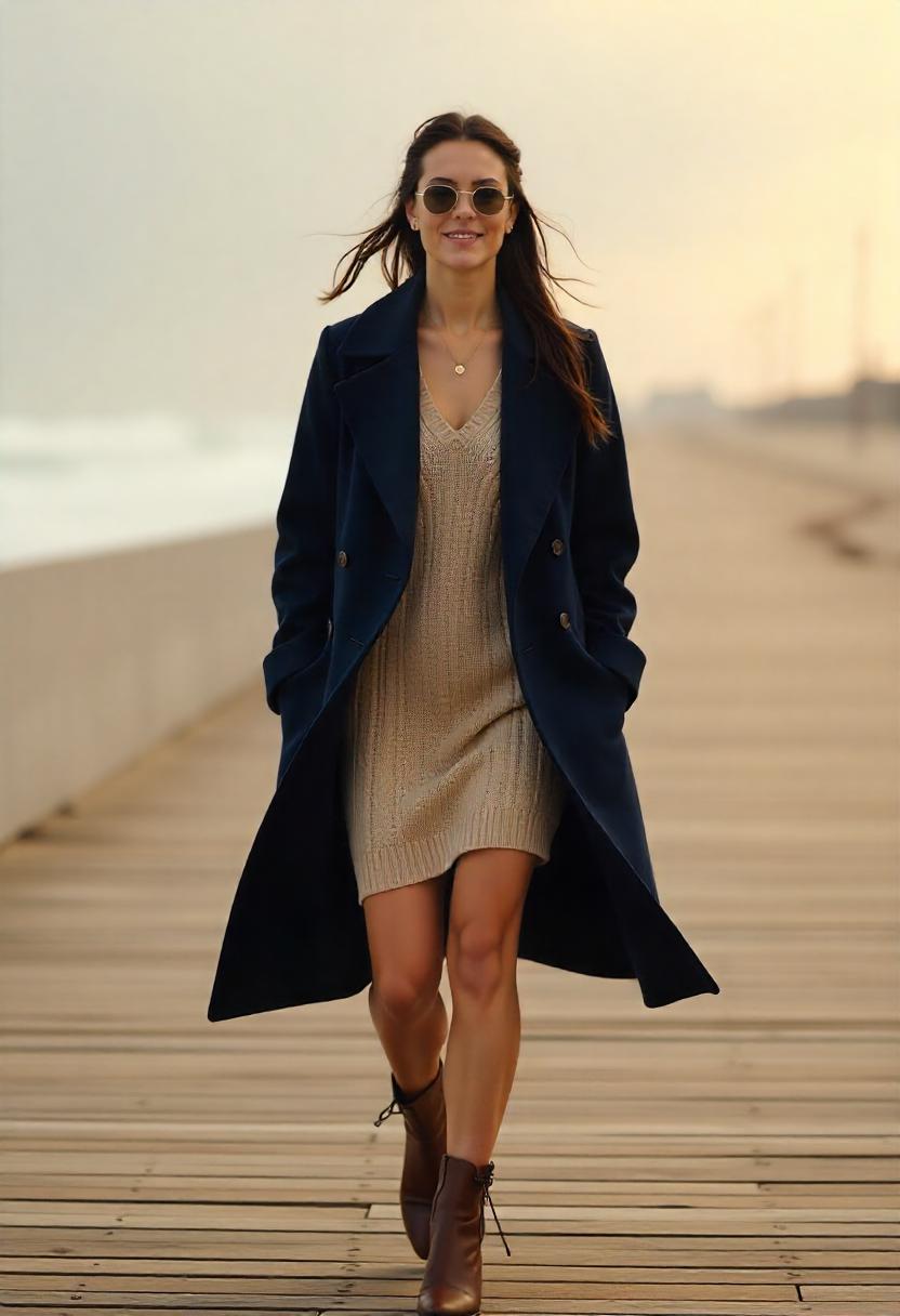 A white woman in an oatmeal-colored knit dress, cozy wrap coat, and platform booties strolling a beach pier. Overall look is casual.