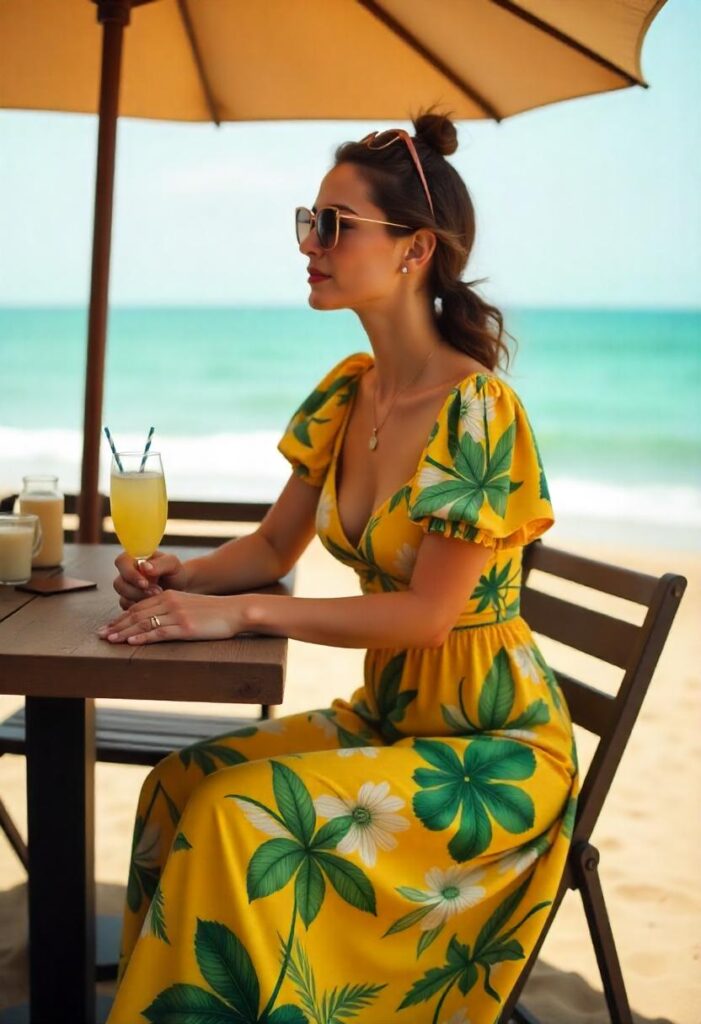 A woman at a beachside brunch party wearing a yellow and green tropical floral maxi dress