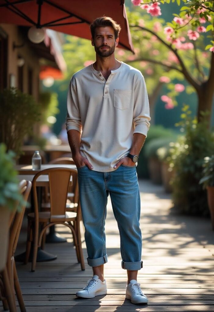 A white man standing on a patio deck at a rustic café in rolled-up oversized baggy jeans, a Henley shirt, and canvas shoes, full outfit displayed.
