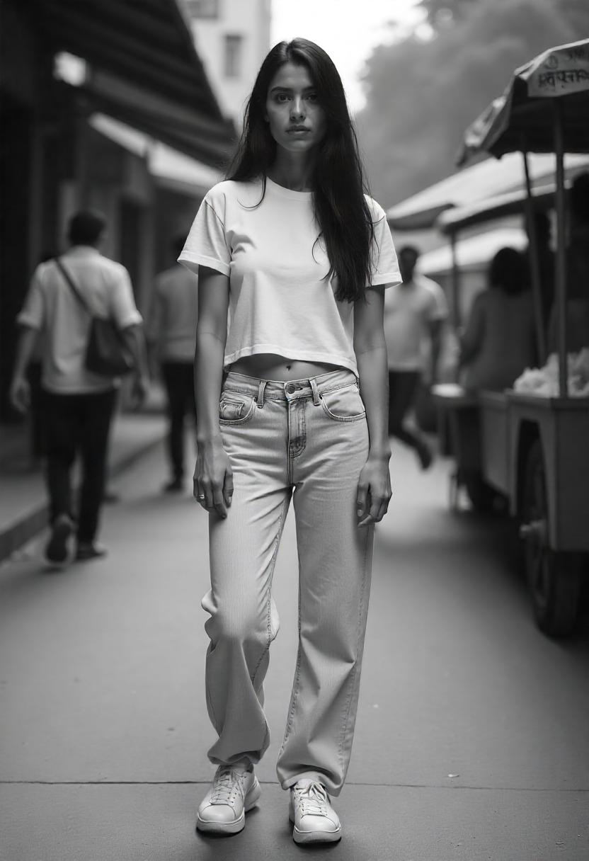 A woman in light wash baggy jeans, white crop tee, and chunky sneakers, standing on a sunny city sidewalk with the baggy jeans fully displayed.