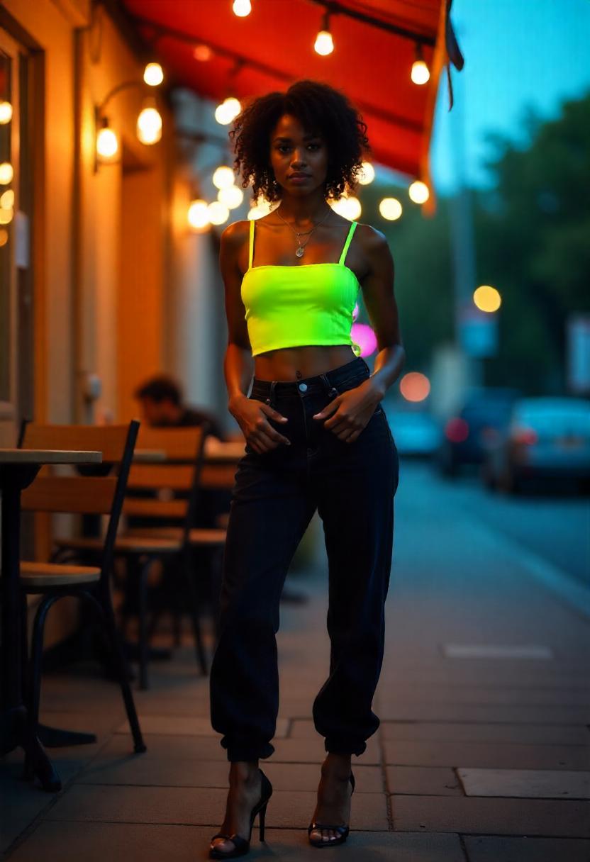 A woman in high-waisted baggy jeans, tucked-in tank top, and heeled sandals, standing at an outdoor café with the baggy jeans fully shown.