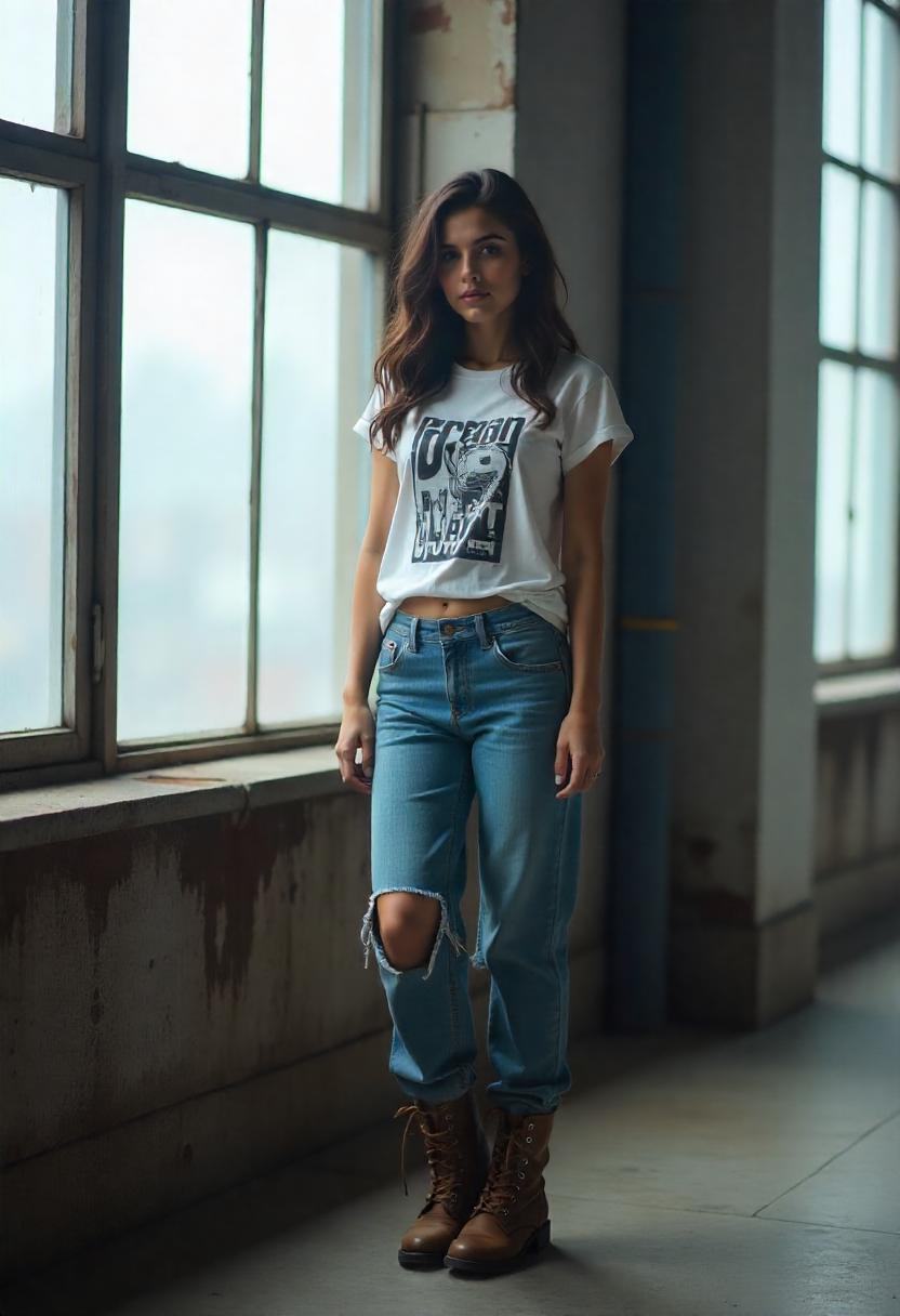A woman in distressed baggy jeans, graphic tee, and combat boots, hanging out in an industrial loft-style space, with her baggy jeans completely visible.