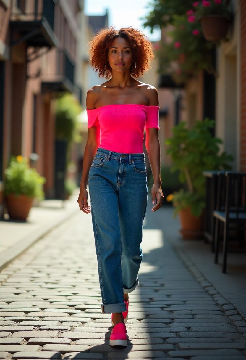 A woman in cuffed baggy jeans, fitted off-shoulder top, and slip-on loafers, walking along a cobblestone street in a quaint neighborhood, with her baggy jeans fully displayed.