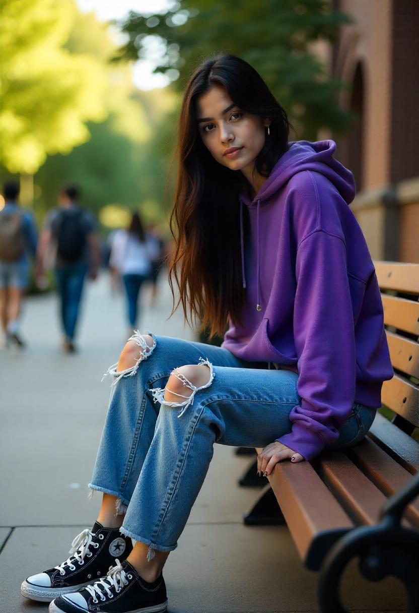 A woman in slouchy jeans, hoodie, and classic Converse, sitting on a bench in a relaxed college campus setting, with her baggy jeans fully shown.