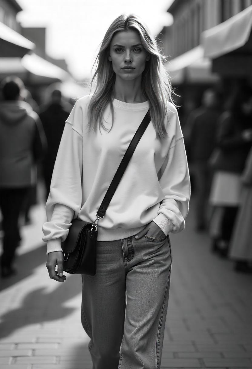 A woman in baggy jeans, oversized sweatshirt, and crossbody bag, strolling through a weekend flea market, with her baggy jeans clearly visible.
