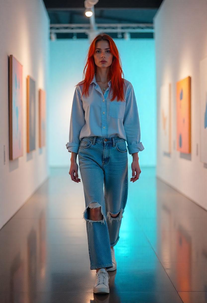 A woman in baggy jeans with a button-down shirt and white sneakers, walking through a modern art gallery, her baggy jeans completely visible.