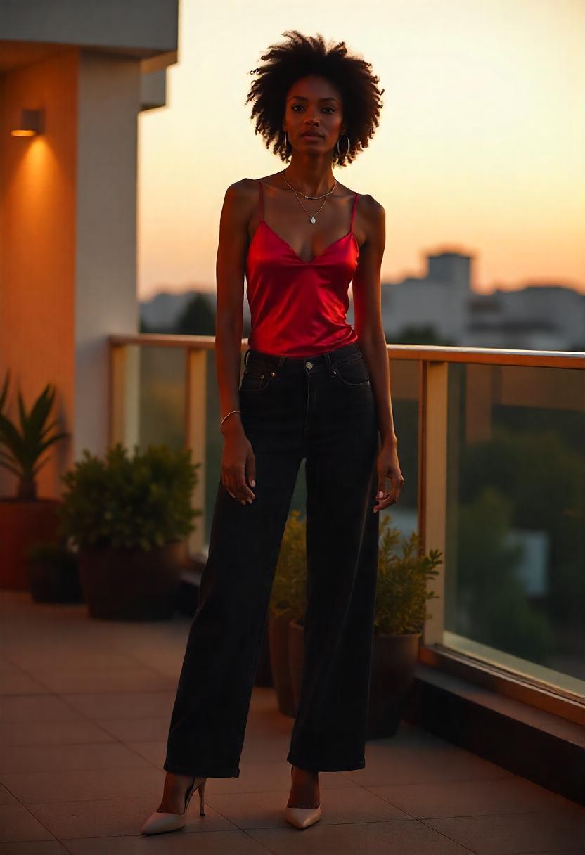 A woman in black baggy jeans, silk camisole, and pointed heels, standing under soft evening lighting on a rooftop patio, with her baggy jeans fully shown.