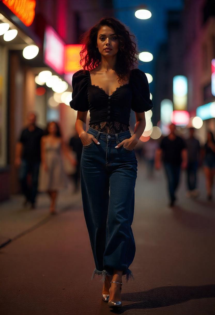 A woman in dark denim baggy jeans, puff sleeve blouse, and stilettos, strutting through a city nightlife scene, her baggy jeans completely on display.