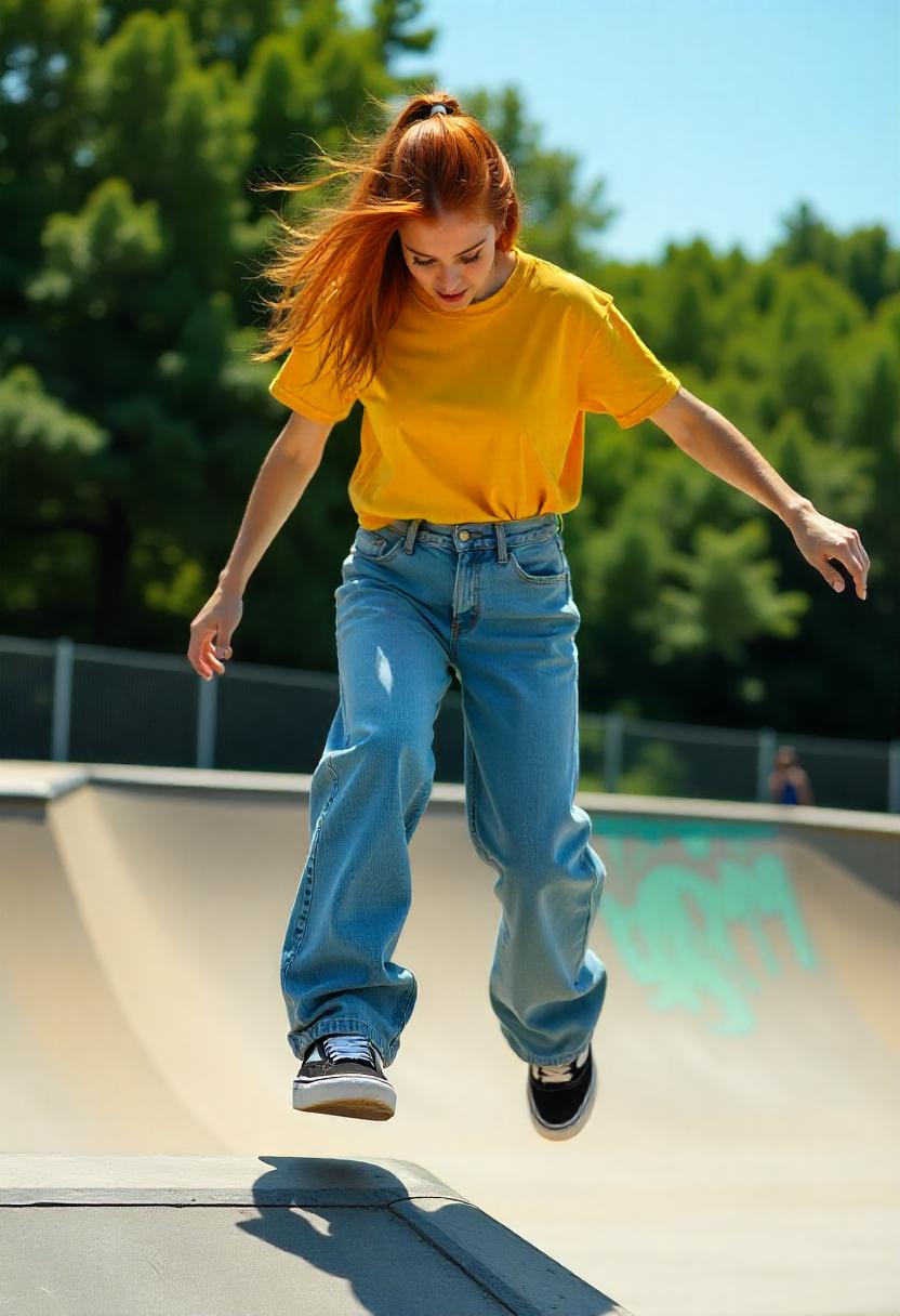 A woman in stonewashed baggy jeans, baby tee, and platform sneakers, skating at a colorful skate park, her baggy jeans fully shown.