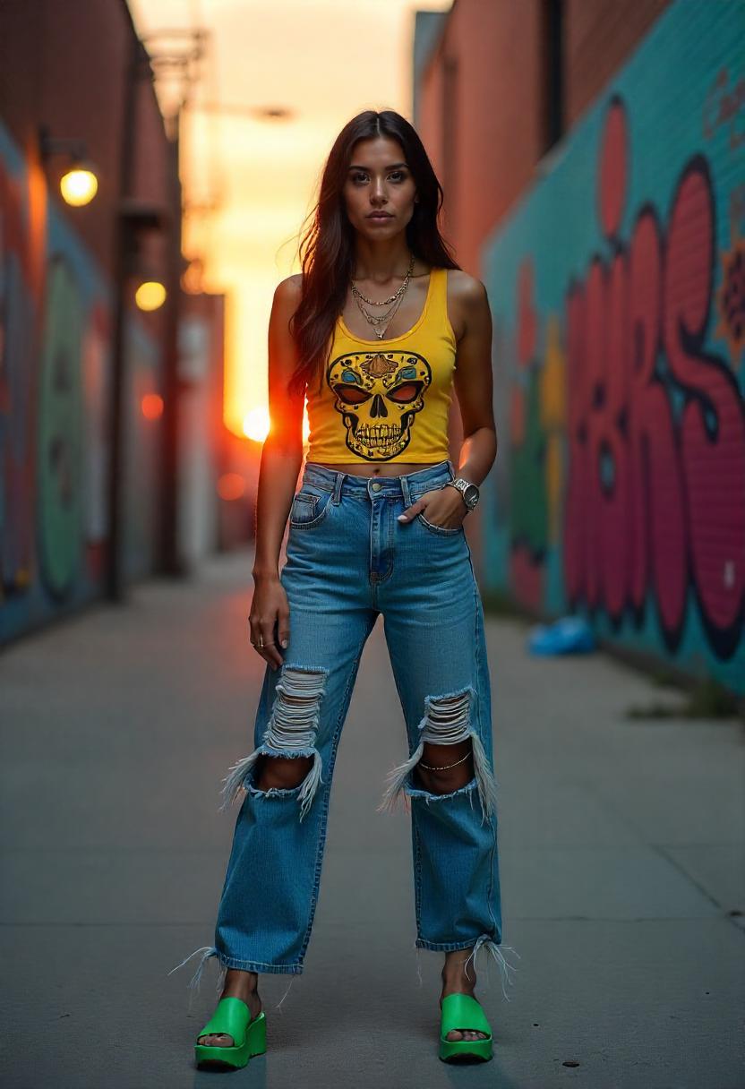 A woman in ripped jeans, graphic tank, and jelly sandals, lounging near a graffiti-covered alleyway in the arts district, with her baggy jeans fully visible.